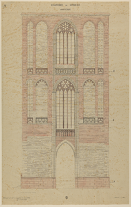 217430 Aanzicht van de westgevel van het eerste vierkant van de Domtoren te Utrecht. (ingekleurde en van enkele ...